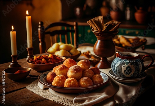 Buñuelos, traditional Colombian food - Christmas atmosphere. Generative AI