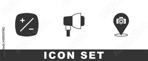 Set Exposure compensation, Softbox light and Photo camera icon. Vector