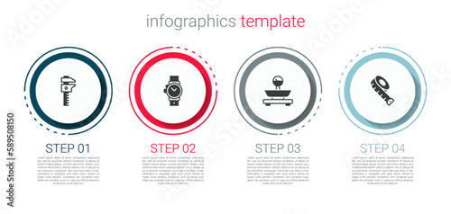 Set Calliper or caliper and scale, Wrist watch, Scales and Measuring tape. Business infographic template. Vector