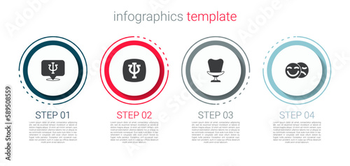 Set Psychology, Psi, , Armchair and Comedy and tragedy masks. Business infographic template. Vector