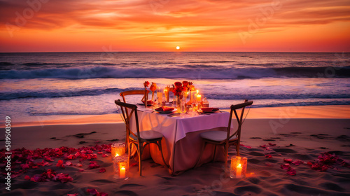 A captivating image of an elegant beach dining experience, bathed in the warm hues of the setting sun, creating the perfect atmosphere for love and relaxation photo