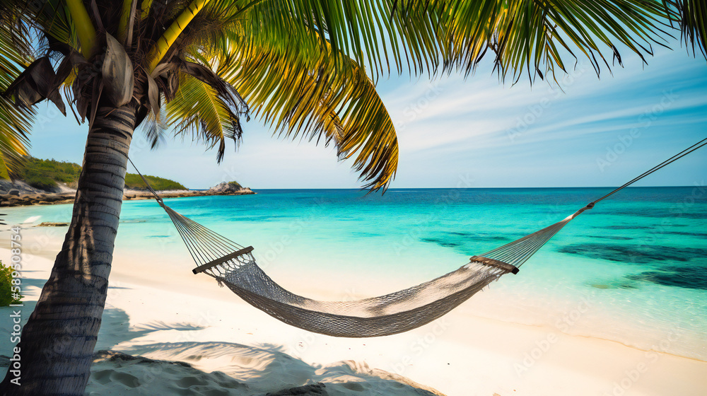 A serene image of a hammock on a pristine beach, evoking a sense of peace, leisure, and the blissful enjoyment of a tropical paradise