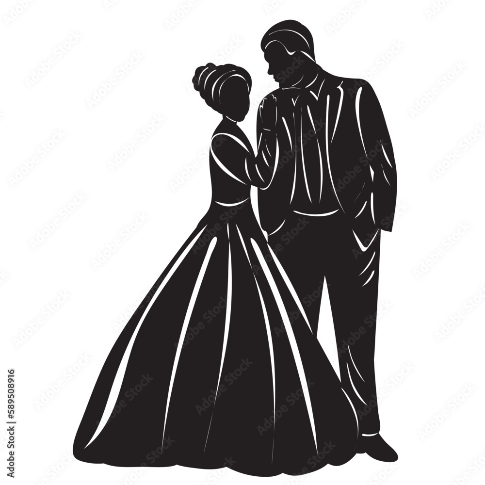 bride and groom silhouette on white background, vector