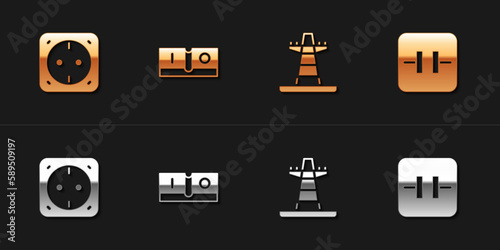 Set Electrical outlet, light switch, tower line and Electrolytic capacitor icon. Vector