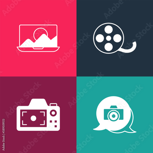 Set pop art Photo camera, Film reel and retouching icon. Vector