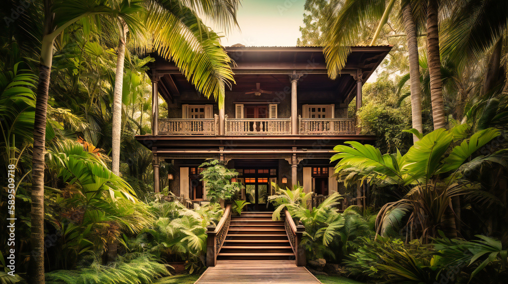 a tranquil paradise nestled in the lush greenery of a luxury jungle resort, where summer relaxation awaits