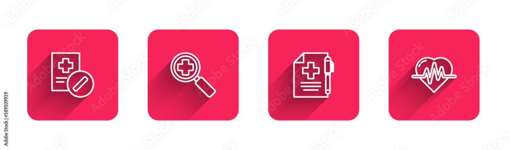 Set line Medical prescription, Magnifying glass for search medical, and pen and Heart rate with long shadow. Red square button. Vector Set line Medical prescription, Magnifying glass for search medical, and pen and Heart rate with long shadow. Red square button. Vector