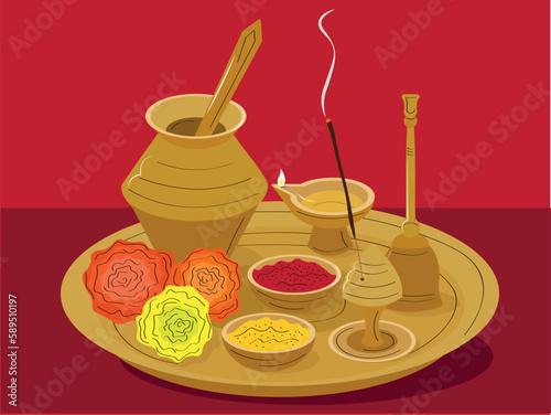 Traditional, decorated pooja thali hindu religious items for worship and celebrations. Puja thali for diwali with flowers. Vector illustration in golden colours with black lines and red background.