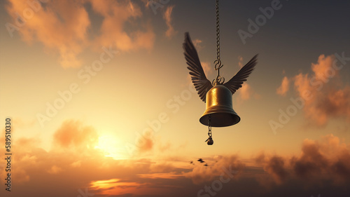 Ultra-realistic illustration of a winged Easter bell. An Easter bell with wings flying from Rome to the French, Belgium, Dutch kids. photo