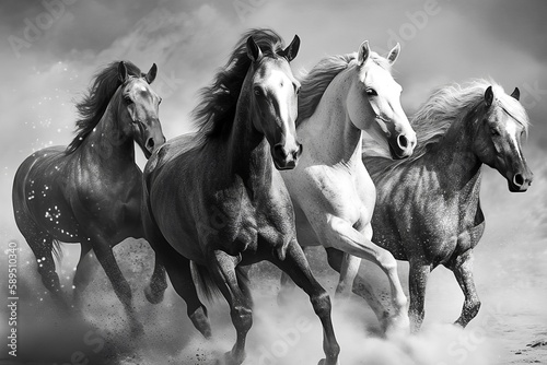 Wild horses running black and white. Created using generative AI