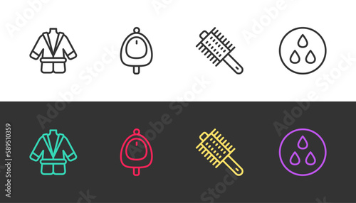 Set line Bathrobe, Toilet urinal or pissoir, Hairbrush and Water drop on black and white. Vector
