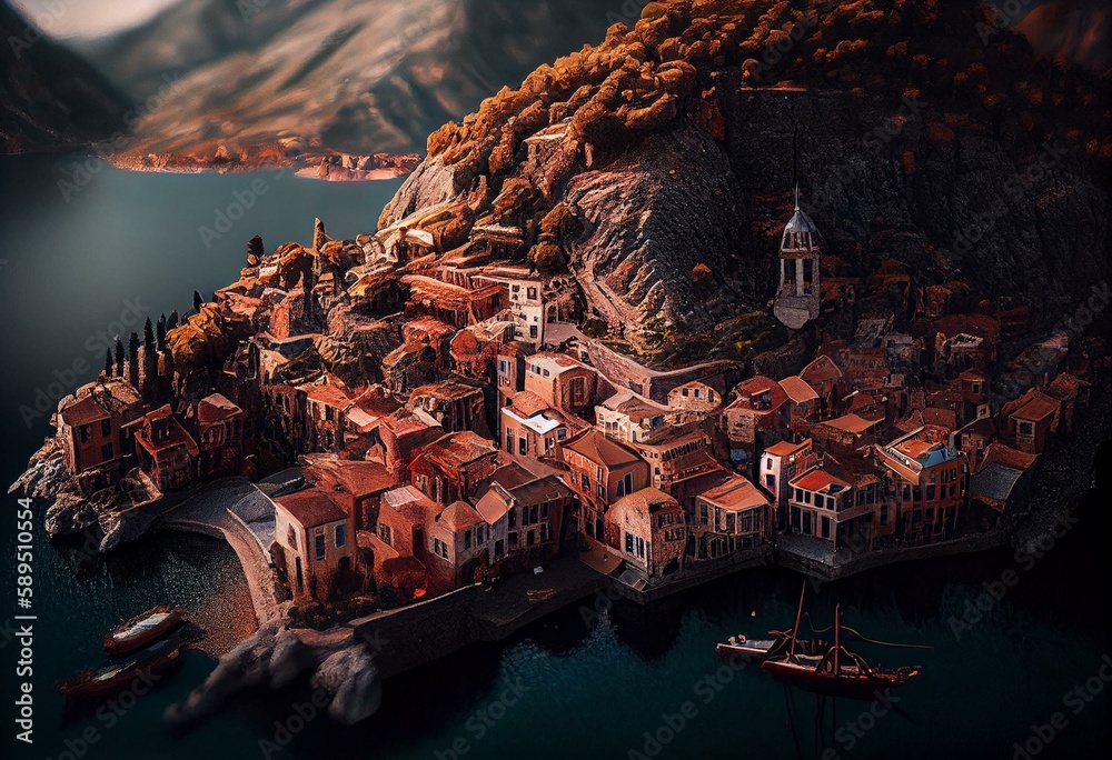 Obraz na plátně Town – Sea – Mountain. Generative AI