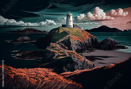 Digital painting of the Llanddwyn island lighthouse, Twr Mawr at Ynys Llanddwyn on Anglesey, North Wales. Generative AI photo
