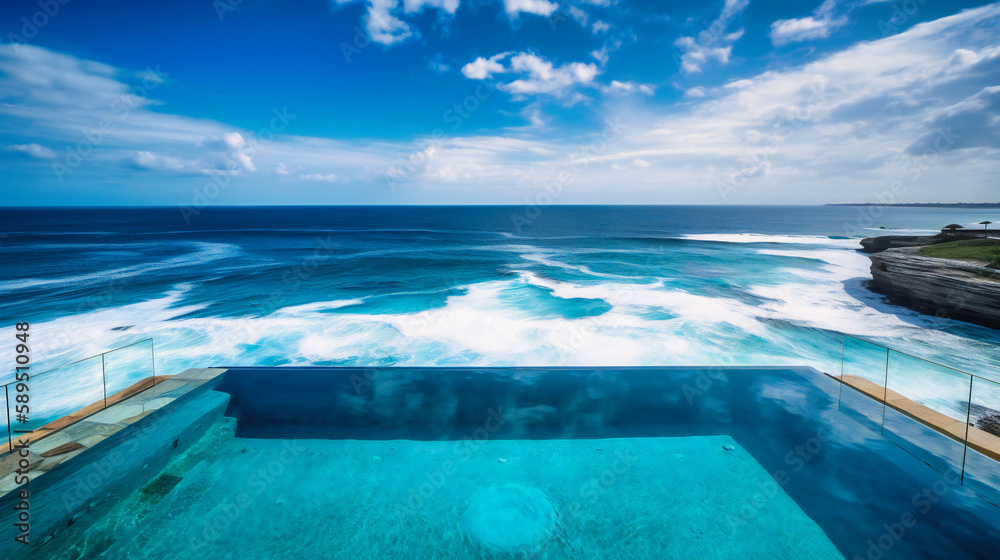A breathtaking image of a lavish oceanfront infinity pool retreat, providing unparalleled views of the vast sea and coastal landscape
