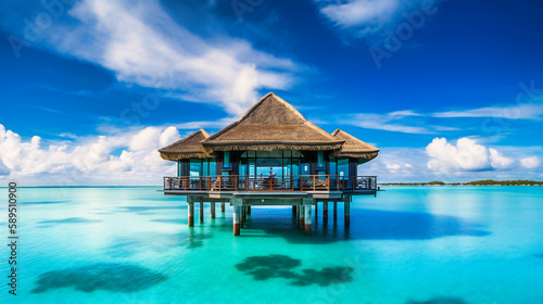 A captivating image of a lavish overwater bungalow, exuding a sense of tranquility and harmony with its tropical surroundings