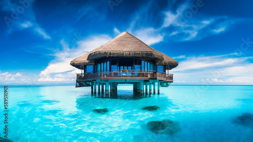 A captivating image of a lavish overwater bungalow  exuding a sense of tranquility and harmony with its tropical surroundings