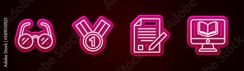 Set line Glasses, Medal, Exam sheet and pencil and Online class. Glowing neon icon. Vector