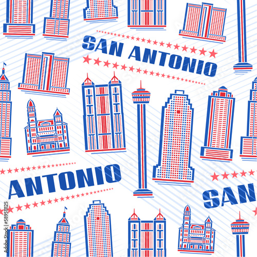 Vector San Antonio Seamless Pattern, repeating background with illustration of red famous city scape on white background for wrapping paper, decorative line art urban poster with blue text san antonio