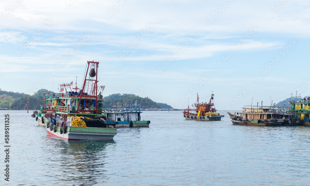 Fleet of Malaysian fishing boats moored in Kota Kinabalu bay