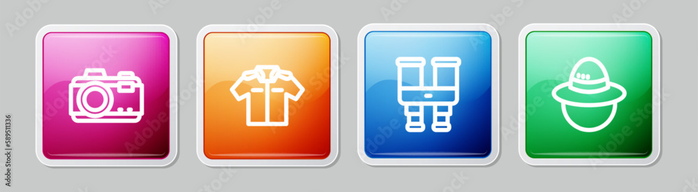 Set line Photo camera, Shirt, Binoculars and Camping hat. Colorful square button. Vector Set line Photo camera, Shirt, Binoculars and Camping hat. Colorful square button. Vector