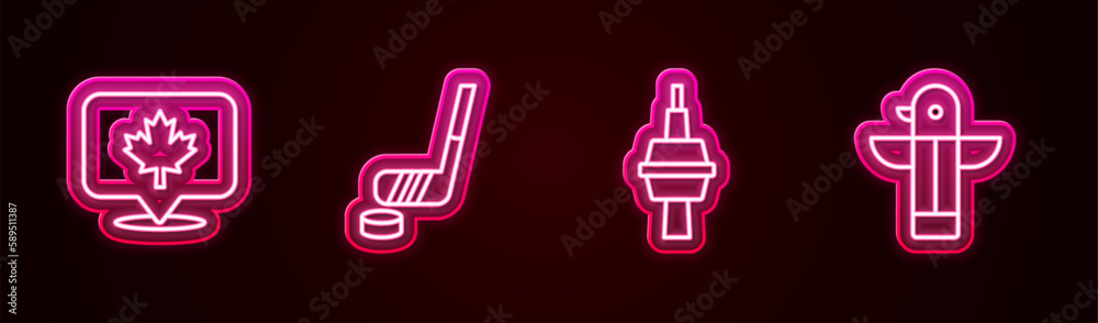 Set line Canadian maple leaf, Ice hockey stick and puck, TV CN Tower in Toronto and totem pole. Glowing neon icon. Vector Set line Canadian maple leaf, Ice hockey stick and puck, TV CN Tower in Toronto and totem pole. Glowing neon icon. Vector
