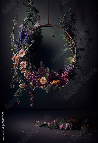 Dark hanging floral halo ring photography backdrop