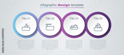 Set line Swimmer, Diving board or springboard, Jet ski and Windsurfing. Business infographic template. Vector