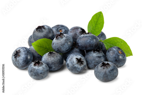 a bunch of blueberries with leaves isolated on white background.