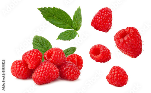 Photo set of raspberry fruits with leaves on white.