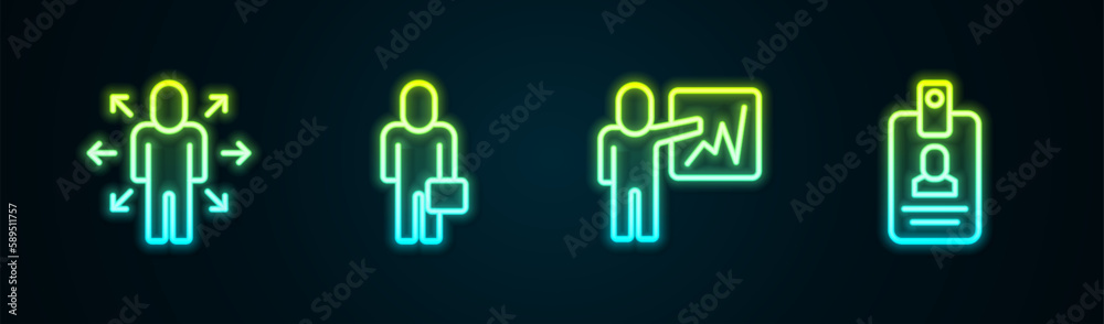 Set line Multitasking manager working, Businessman, Leader of team of executives and Identification badge. Glowing neon icon. Vector Set line Multitasking manager working, Businessman, Leader of team of executives and Identification badge. Glowing neon icon. Vector