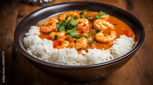 Shrimp stew with white rice Generative AI