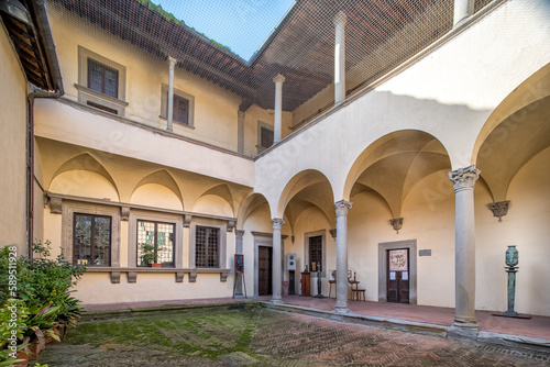 House museum of Italian poet and man of letters Francesco Petrarca in Arezzo, Italy, the exterior facade with Renaissance cloister with classical arches and columns, Arezzo , Italy, February 12, 2020