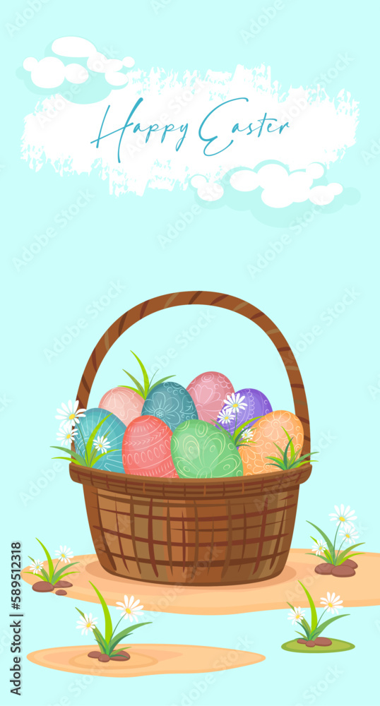 Happy easter. Basket with different painted Easter eggs and flowers. For postcards, banners, flyers. Spring holiday banner