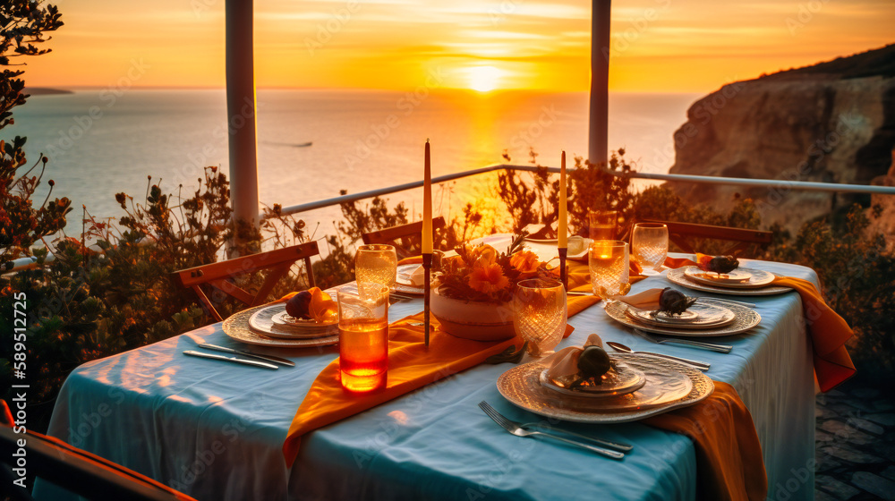 A stunning image of a cliffside dining experience, enveloped in the warm glow of a spectacular sunset over the ocean