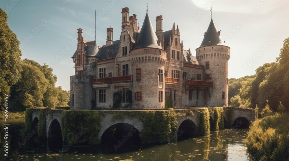 AI-generated image of a fairy tale castle with turrets and a moat, bathed in golden light, symbolizing the intersection of technology and feminist storytelling.
