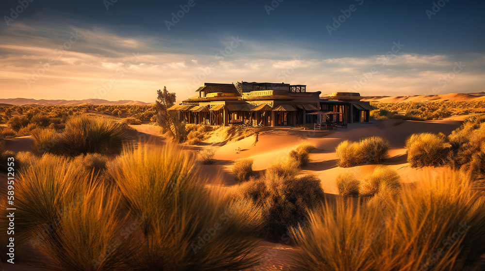 A breathtaking image of a high-end desert oasis lodge, providing a secluded and lavish retreat amidst the majestic golden dunes
