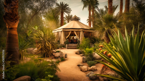 A beautiful image of a refined desert oasis lodge  blending contemporary design with the serene charm of a lush garden oasis