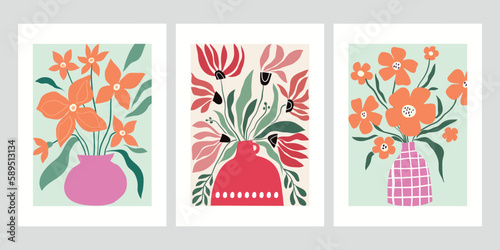 Abstract contemporary posters with floral design, flowers in pots, aesthetic minimalist backgrounds set, modern trendy wall decoration