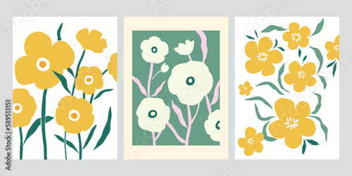 Abstract contemporary posters with floral design, aesthetic minimalist backgrounds set, modern trendy wall decoration