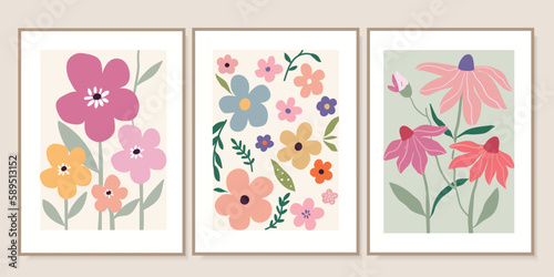 Abstract contemporary posters with floral design, aesthetic backgrounds set, modern trendy wall decoration