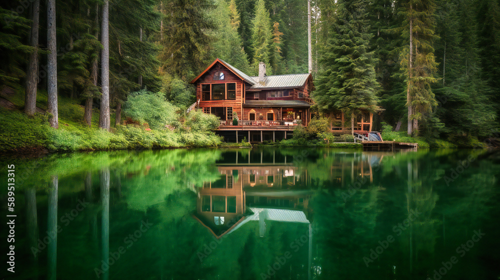 A stunning image of a luxurious lakeside cabin, offering an idyllic and exclusive sanctuary for a perfect summer getaway