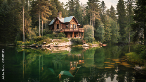 A stunning image of a luxurious lakeside cabin, offering an idyllic and exclusive sanctuary for a perfect summer getaway