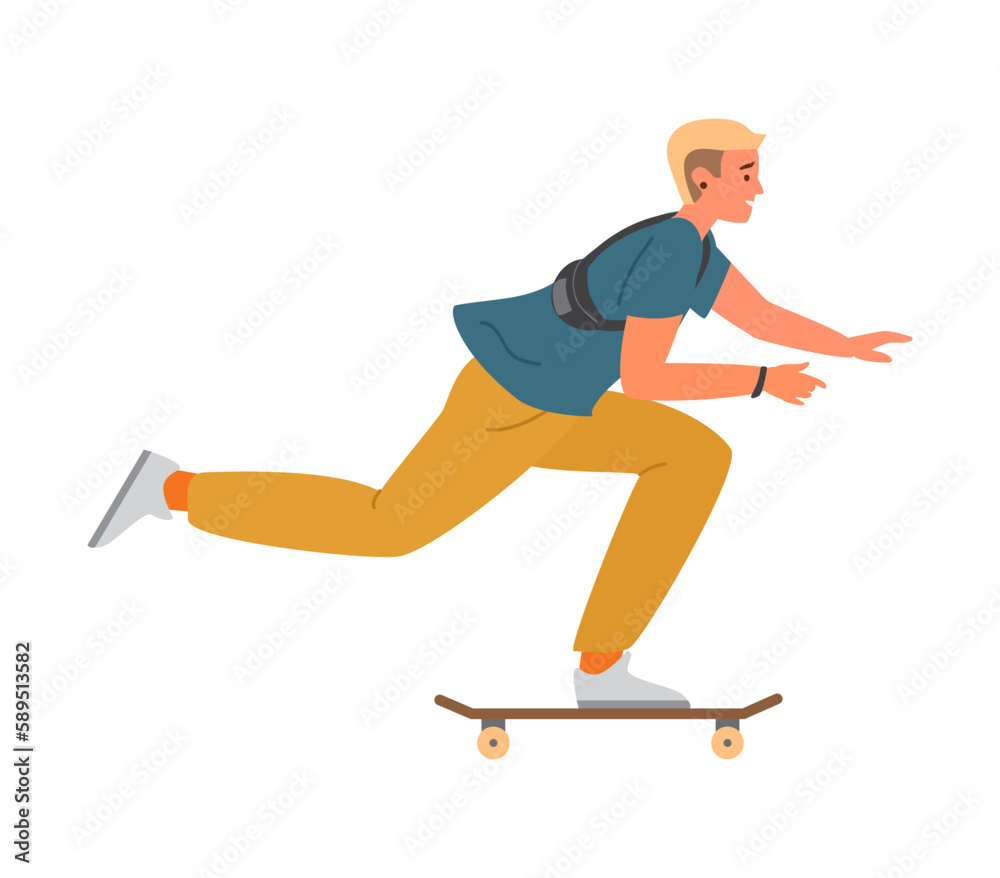 Teenage boy with waist bag skateboarding vector illustration.