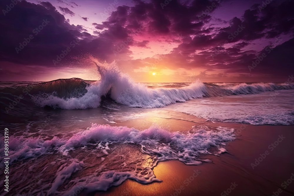 Coastal landscape in ultra violet tone. Atlantic Ocean coast. Generative AI