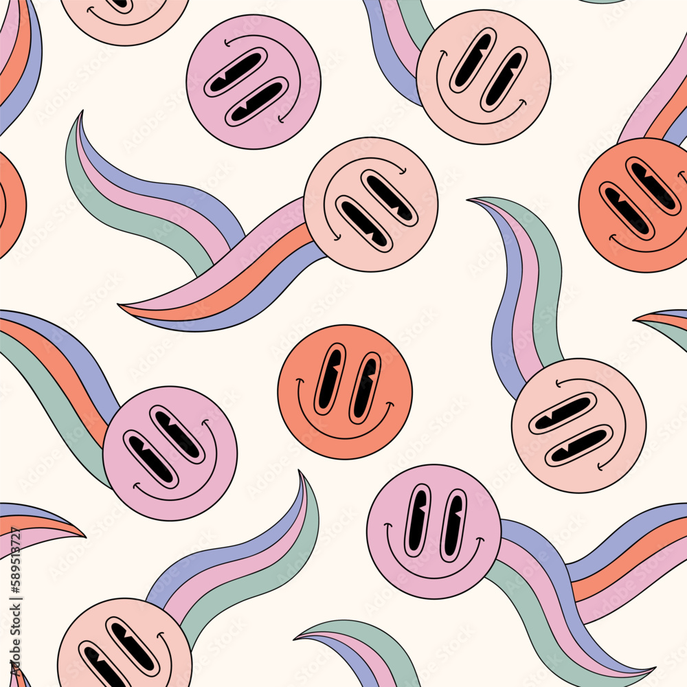 Abstract smiling face funny rainbows seamless pattern in 70s hippie style