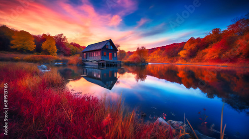 A spectacular image of a lakeside cabin hideaway, enveloped by the enchanting colors of a mesmerizing summer sunset