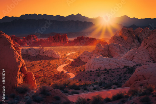 sunrise over a canyon in a desert in america. Generative AI © jr-art