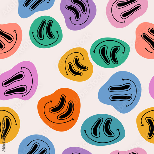 Abstract smiling face seamless pattern in 70s hippie style. Funny melting smiling happy characters background