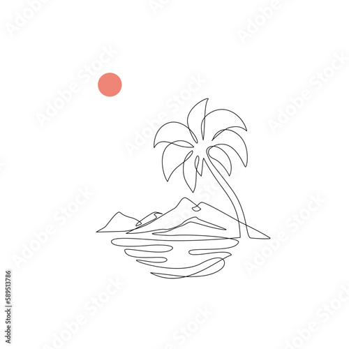 Oasis island line drawing with coconut palm tree, sunset or sunrise