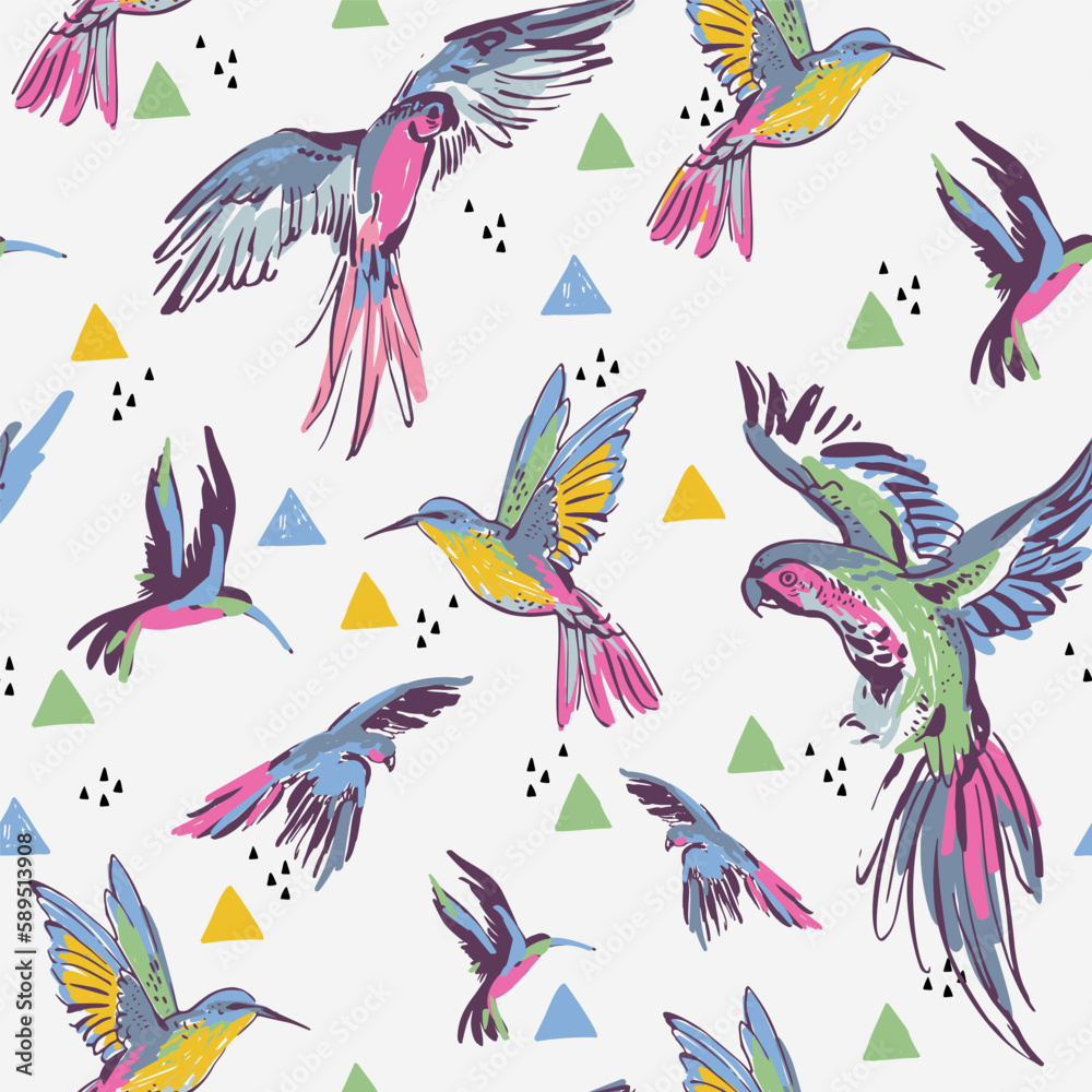 Tropical birds on abstract geometric shapes doodles background Tropical birds on abstract geometric shapes doodles background